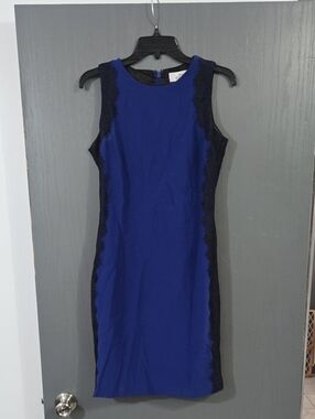 Badgley Mischka Royal Blue Sheath Dress with Black Lace Sides